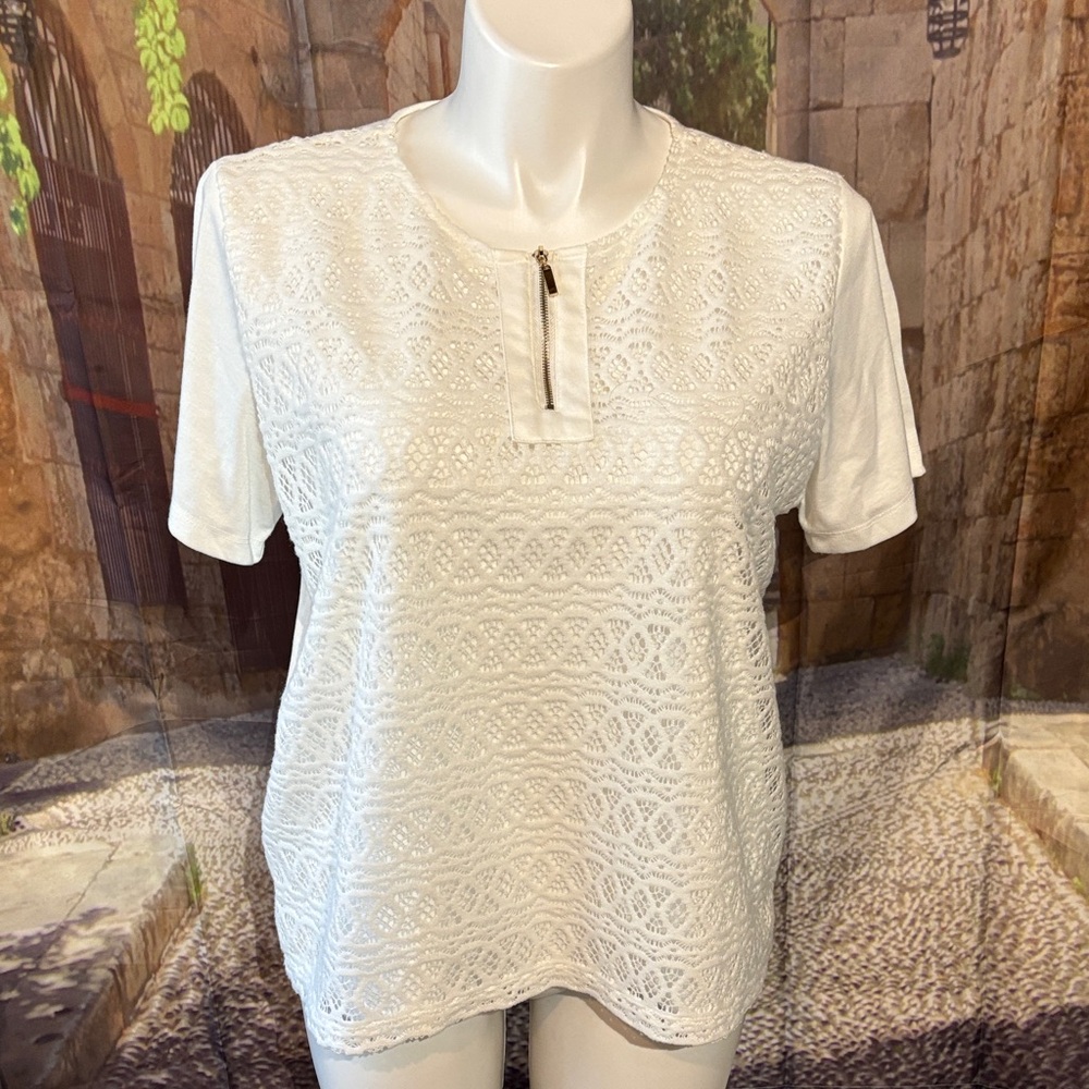 Alfred Dunner White Lace Short Sleeve Top